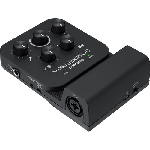 3/4 view of Roland Go:Mixer Pro-X Audio Mixer for Smartphones showing top, right side and rear