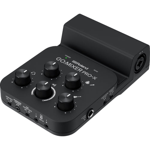 3/4 view of Roland Go:Mixer Pro-X Audio Mixer for Smartphones showing top, right side and front