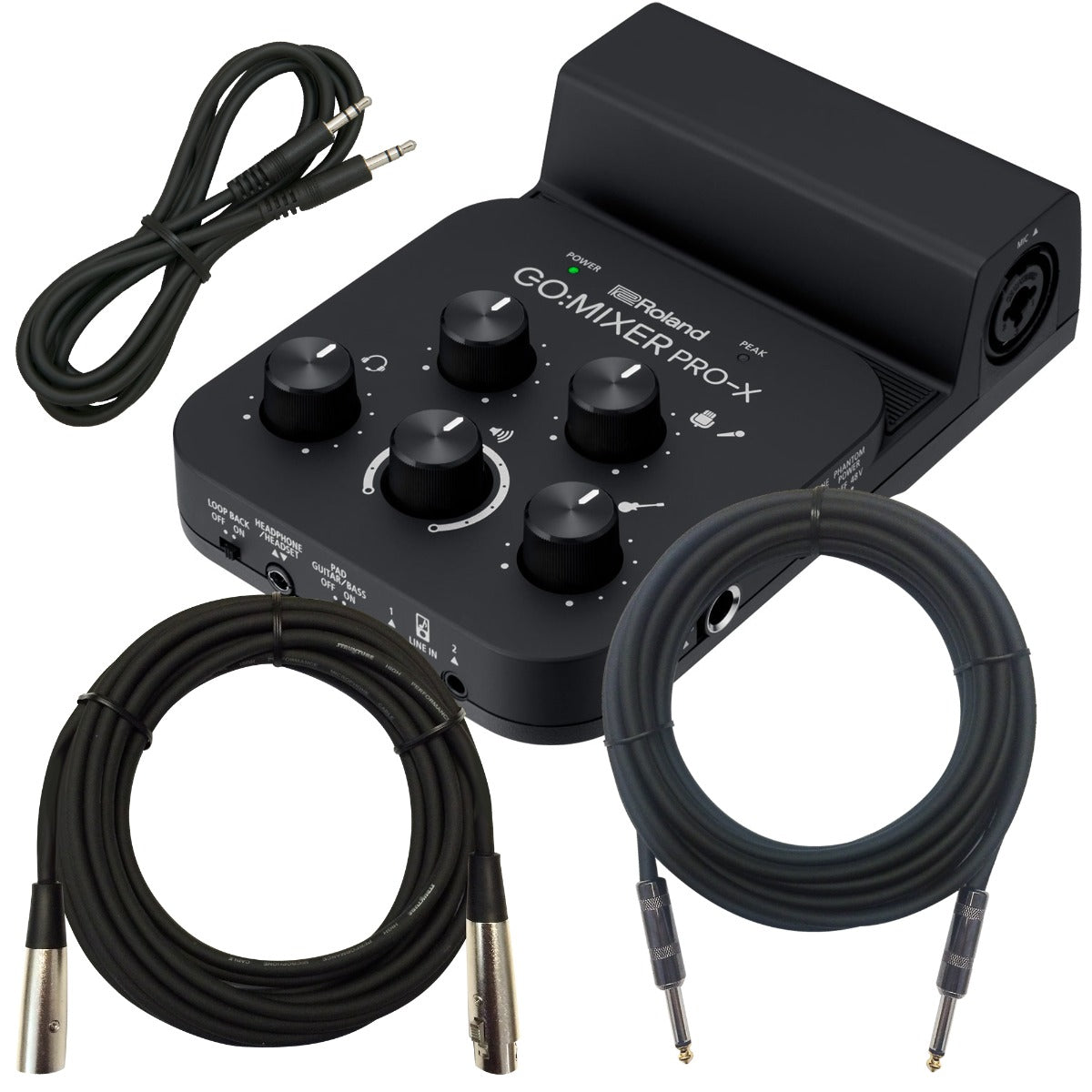 Collage of the components in the Roland Go:Mixer Pro-X Audio Mixer for Smartphones CABLE KIT bundle