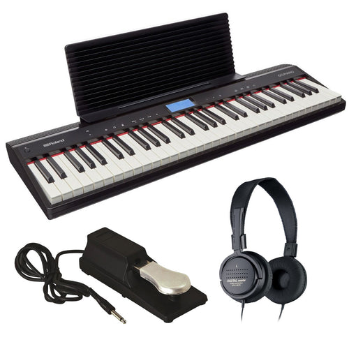 Collage of the components in the Roland GO:PIANO Portable Keyboard BONUS PAK bundle