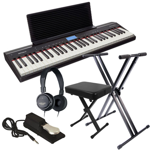 Collage of the components in the Roland GO:PIANO Portable Keyboard KEY ESSENTIALS BUNDLE
