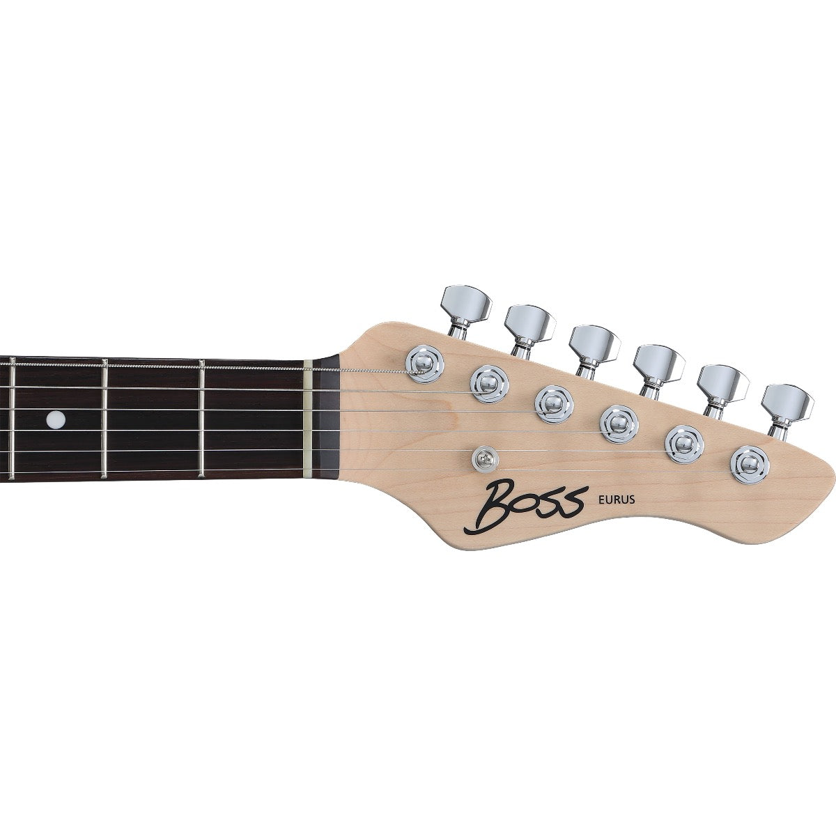 Detail view of Boss Eurus GS-1 Electronic Guitar - Black showing top of headstock and portion of fretboard