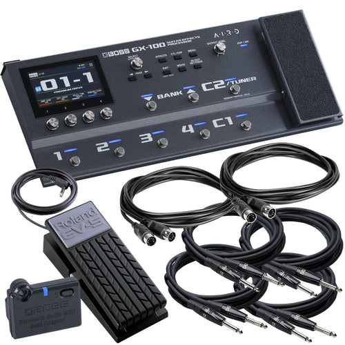 Collage of the components in the BOSS GX-100 Guitar Effects Processor STAGE RIG bundle