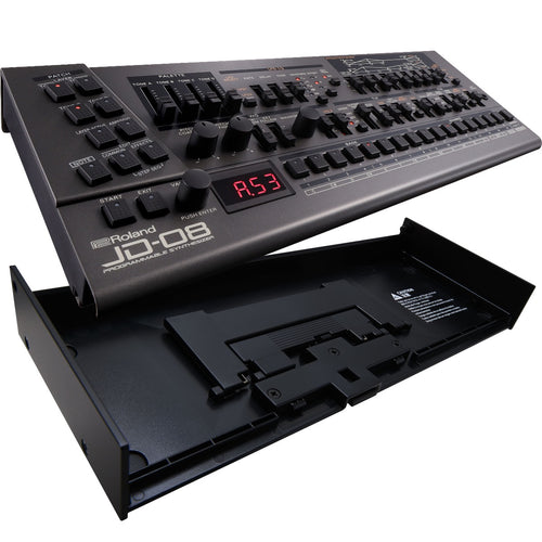 Collage showing components in Roland Boutique JD-08 Synthesizer Module with DK-01 Boutique Dock bundle