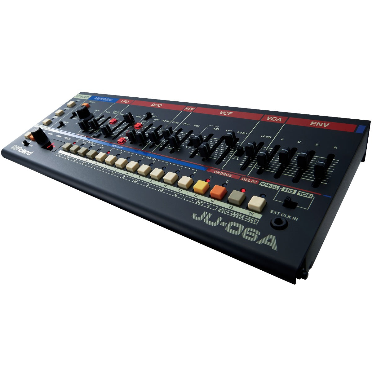3/4 view of Roland Boutique JU-06A showing top, front and right side