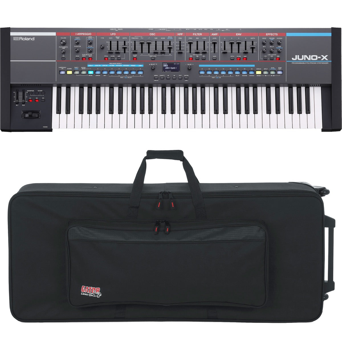 Collage showing components in Roland Juno-X 61-Key Programmable Polyphonic Synthesizer CARRY BAG KIT