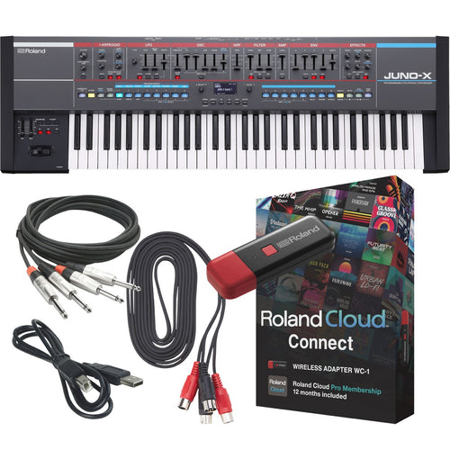Collage showing components in Roland Juno-X 61-Key Programmable Polyphonic Synthesizer CLOUD KIT