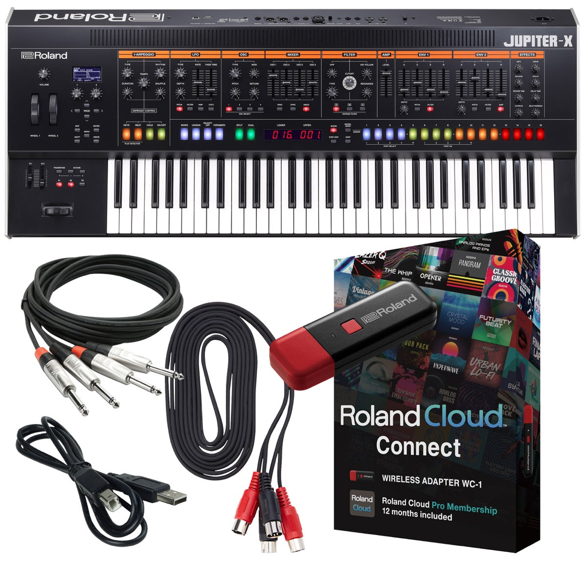Collage showing components in Roland Jupiter-X 61-Key Synthesizer CLOUD KIT