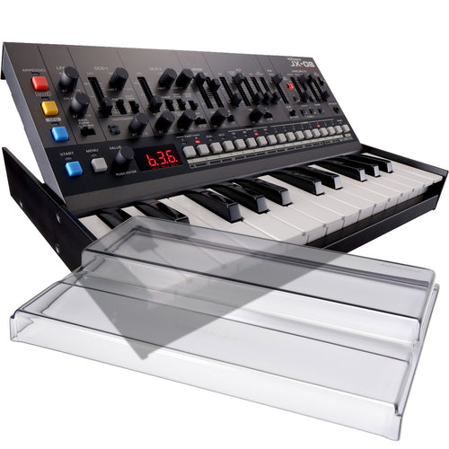 Bundle showing components in Roland Boutique JX-08 Synthesizer Module with K-25m Keyboard Unit DECKSAVER KIT
