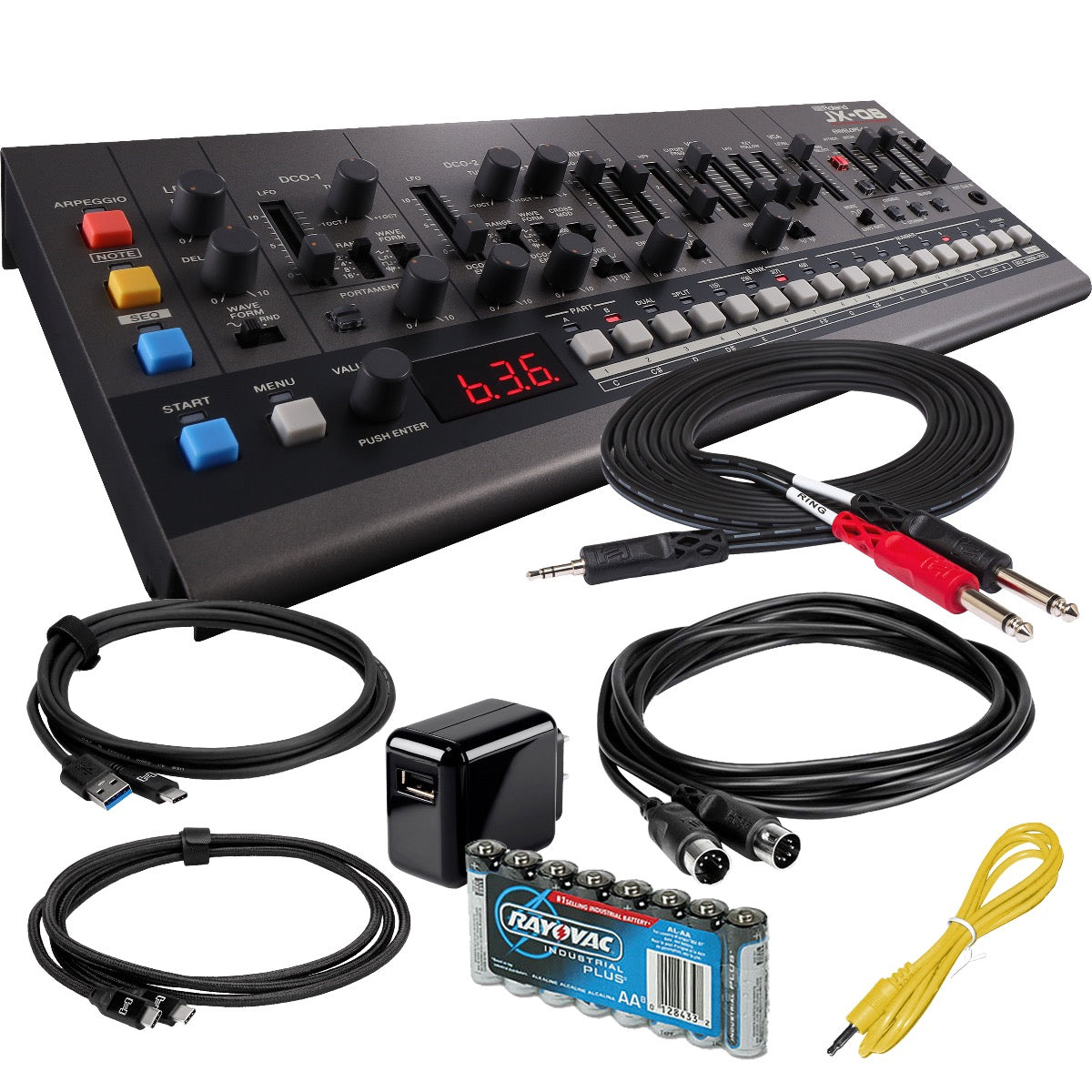 Collage showing components in Roland Boutique JX-08 Synthesizer Module POWER & CABLE KIT