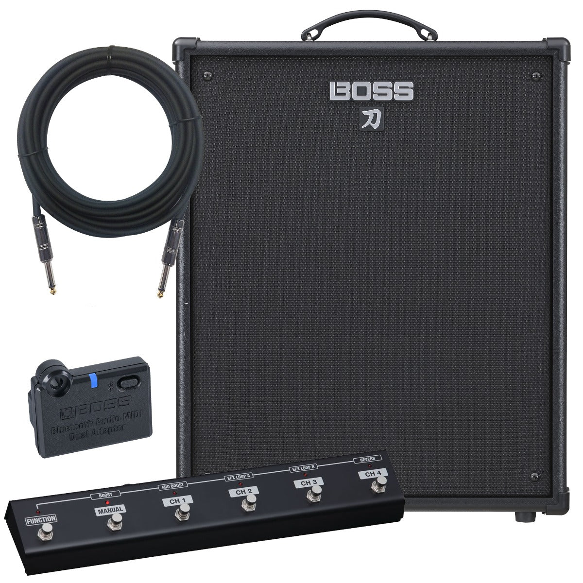 Collage of the Boss Katana KTN210B Bass Amplifier COMPLETE STAGE BUNDLE showing included components