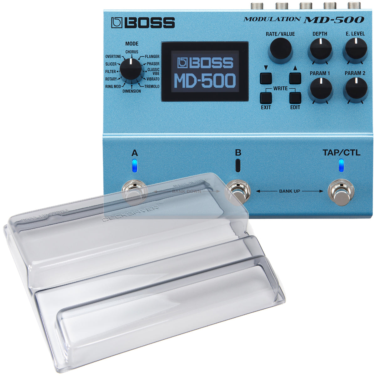 Collage of the components in the Boss MD-500 Digital Modulation DECKSAVER KIT bundle