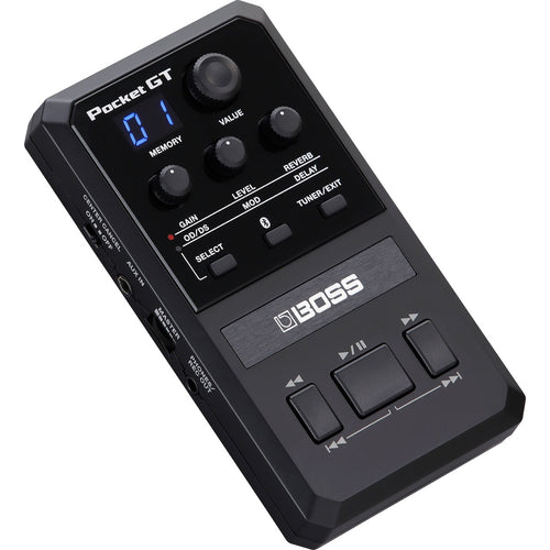 Perspective view of Boss Pocket GT Guitar Effects Processor showing top and left side