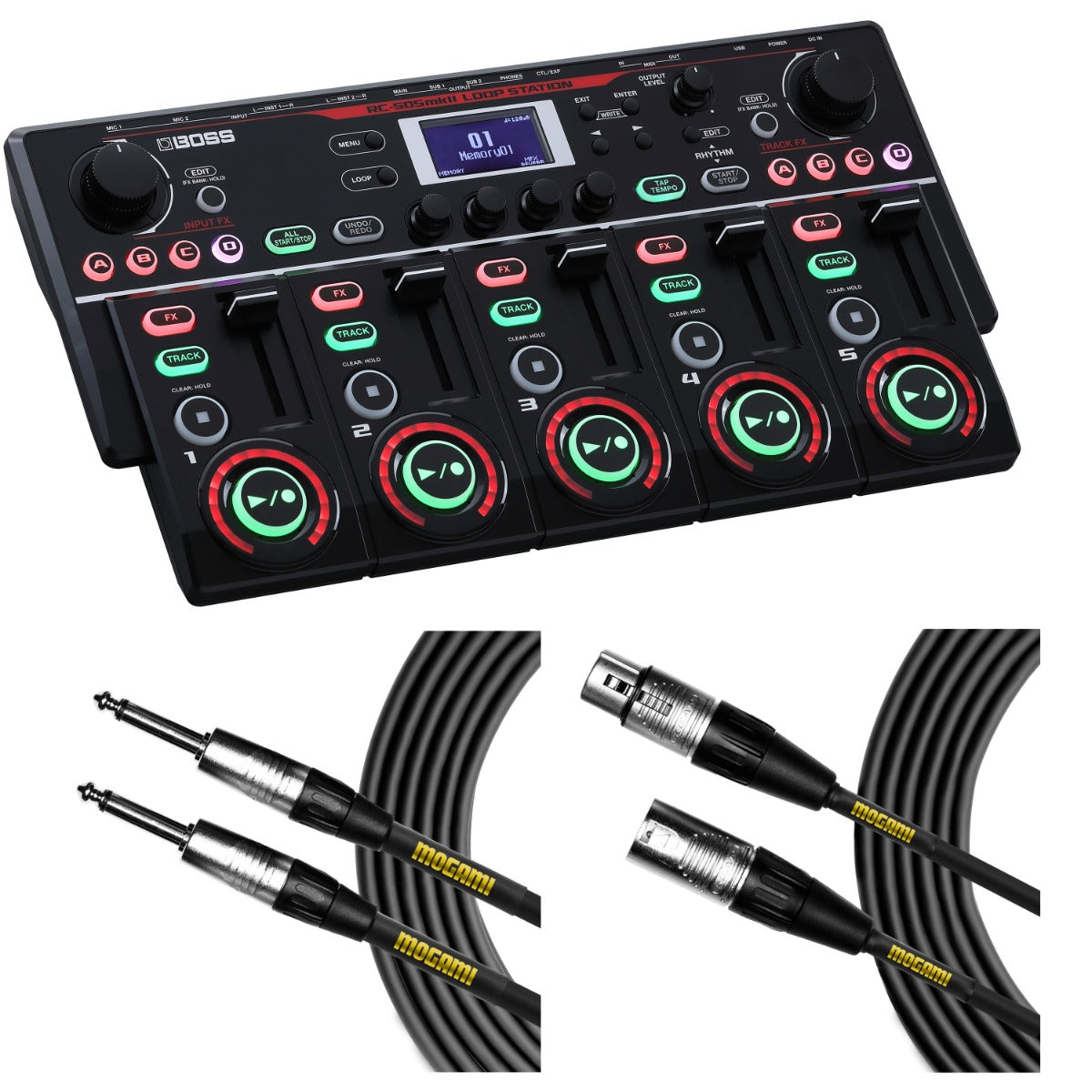 Collage of the Boss RC-505mkII Loop Station MOGAMI CABLE KIT showing the included cables