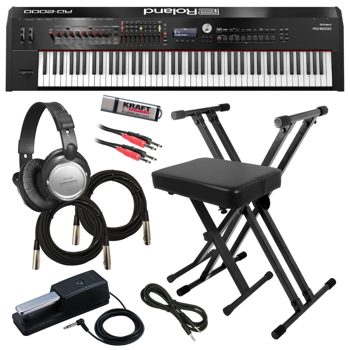 Collage image of the Roland RD-2000 Stage Piano KEY ESSENTIALS BUNDLE