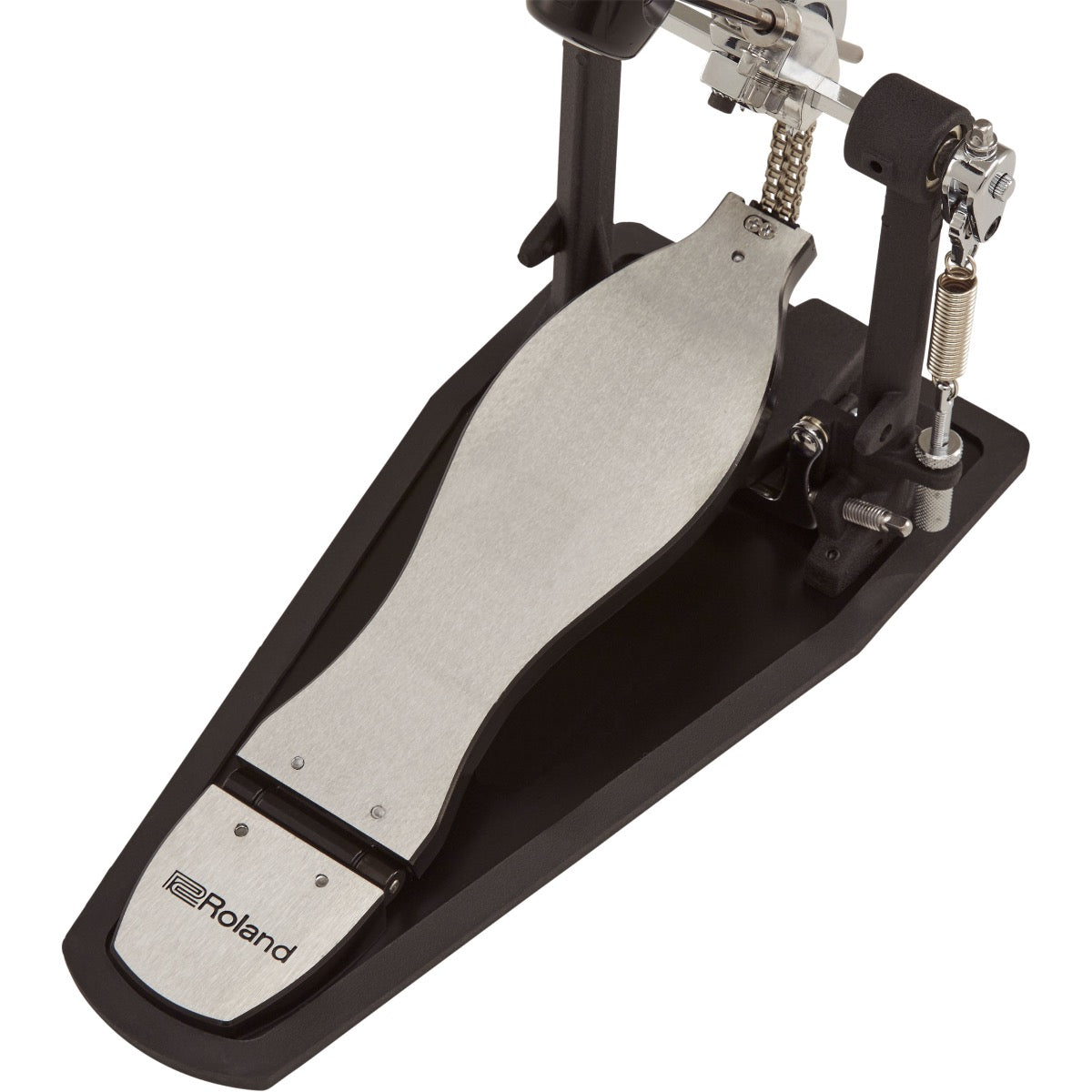 Detail top view of Roland RDH-100A V-Drums Kick Drum Pedal with Noise Eater Technology showing pedal and Roland Noise Eater acoustic noise-reduction rubber cradle