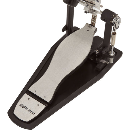 Detail top view of Roland RDH-102A V-Drums Double Kick Drum Pedal with Noise Eater Technology showing pedal and Roland Noise Eater acoustic noise-reduction rubber cradle