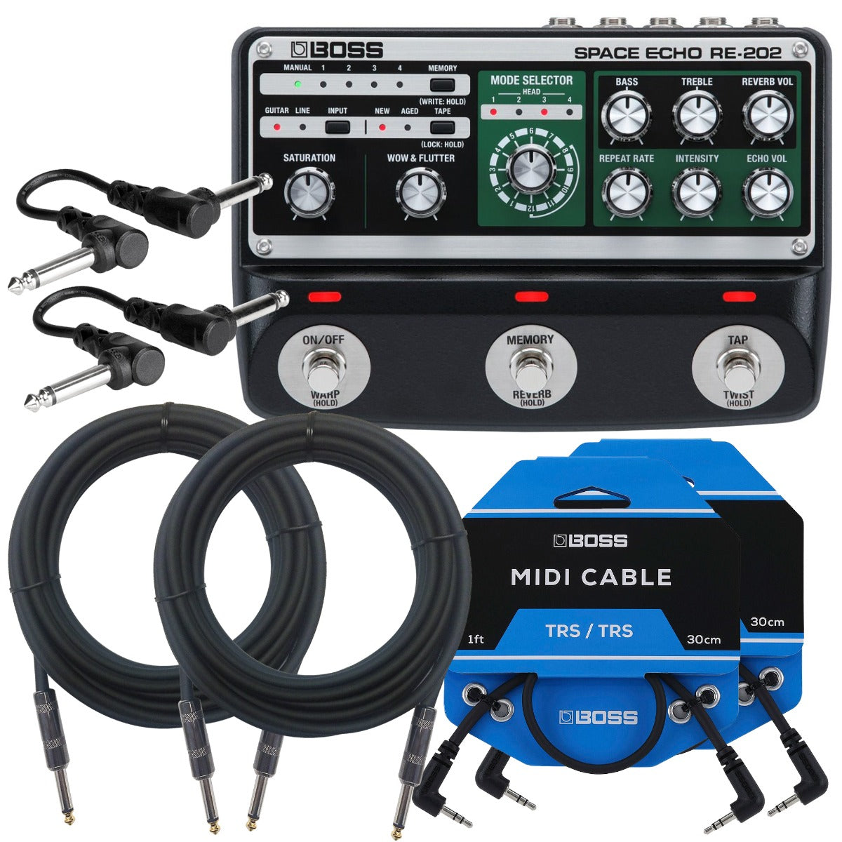 Collage of the components in the Boss RE-202 Space Echo Pedal CABLE KIT bundle