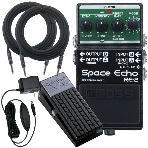 Collage of the components in the Boss RE-2 Space Echo Pedal PERFORMER PAK bundle