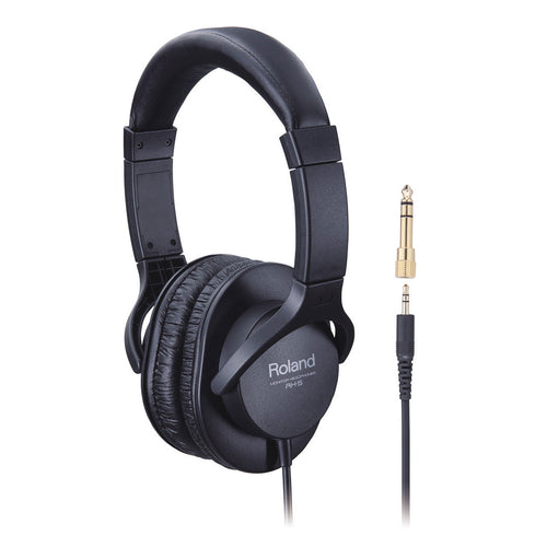 Image of the Roland RH-5 Stereo Headphones - Black with cord and 1/4" adaptor shown 