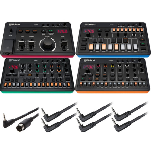 Collage showing components in Roland Aira Compact Series E-4 J-6 S-1 T-8 4-IN-1 BUNDLE