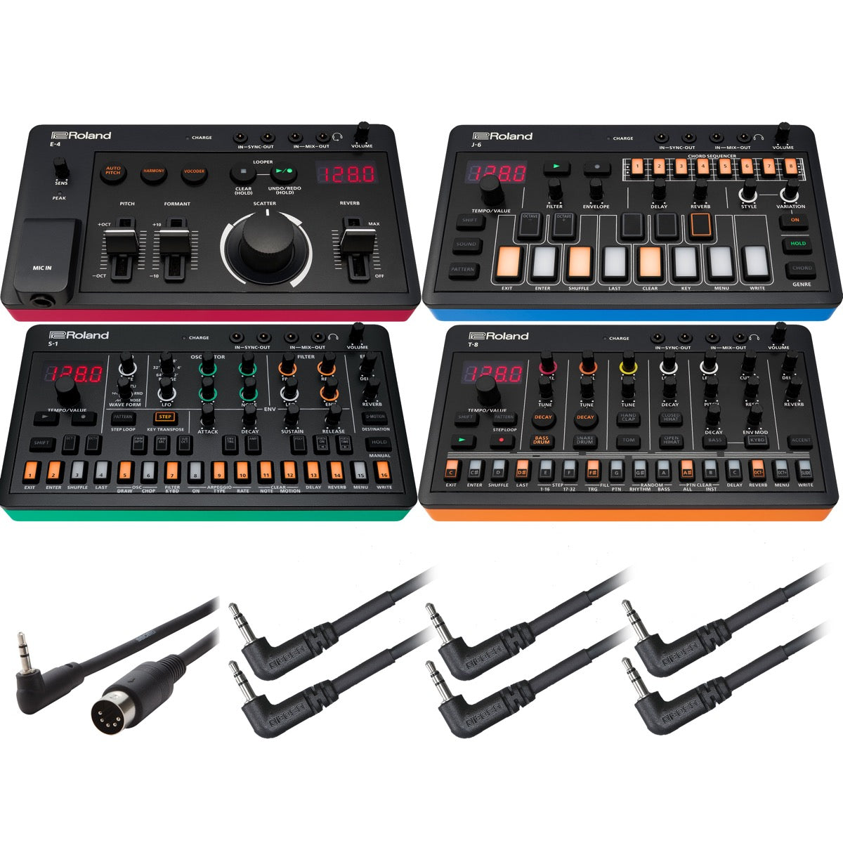 Collage showing components in Roland Aira Compact Series E-4 J-6 S-1 T-8 4-IN-1 BUNDLE