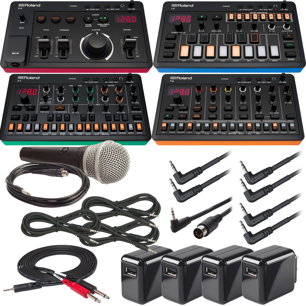 Collage showing components in Roland Aira Compact Series E-4 J-6 S-1 T-8 4-IN-1 ULTRA BUNDLE