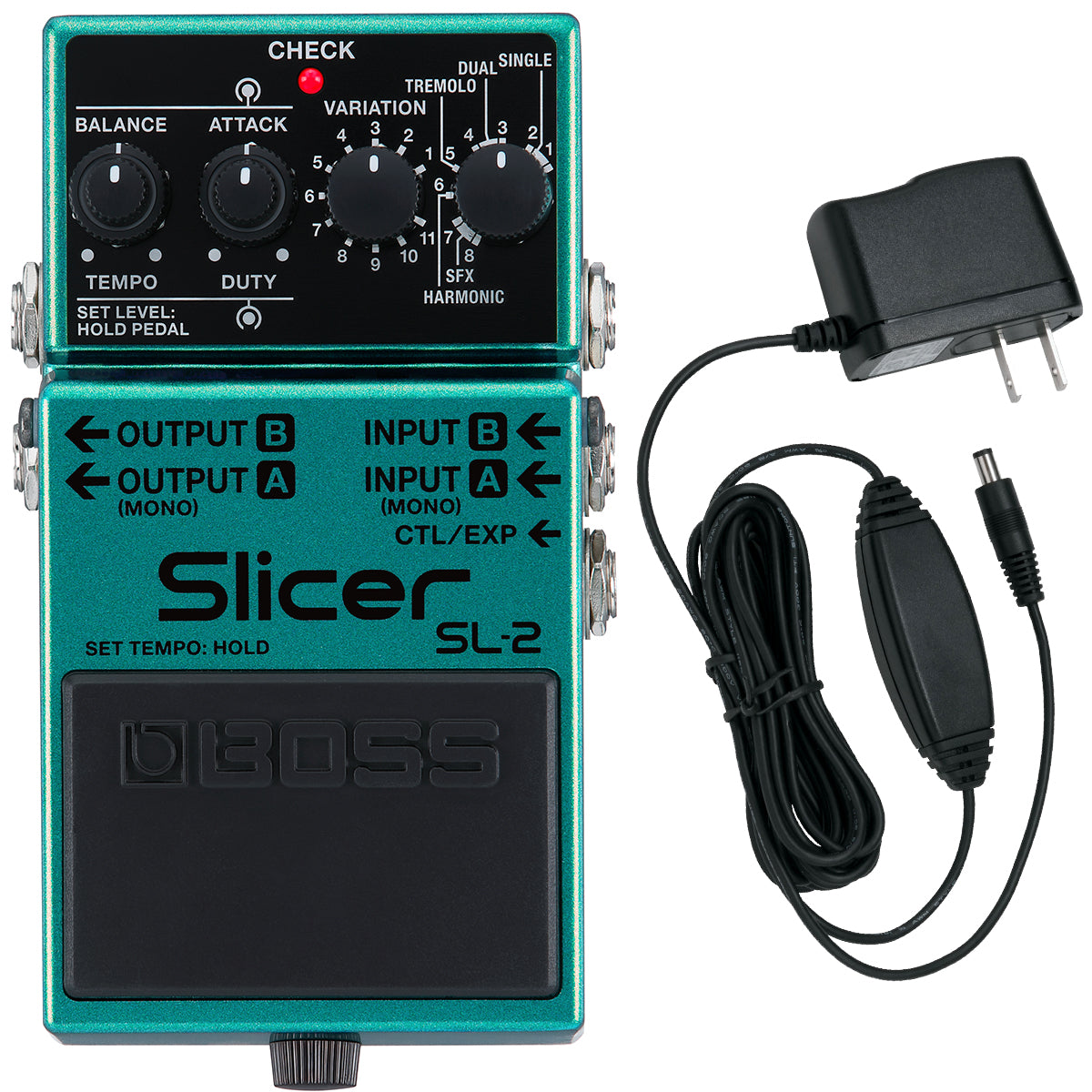Collage of everything that comes with the Boss SL-2 Slicer Pedal POWER KIT