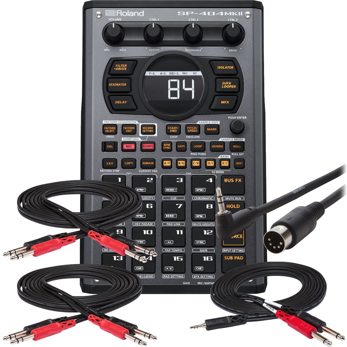 Collage showing components in Roland SP-404MKII Creative Sampler and Effector CABLE KIT
