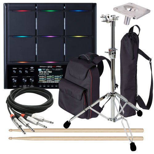 Collage of the components in the Roland SPD-SX PRO Sampling Pad STAGE RIG bundle