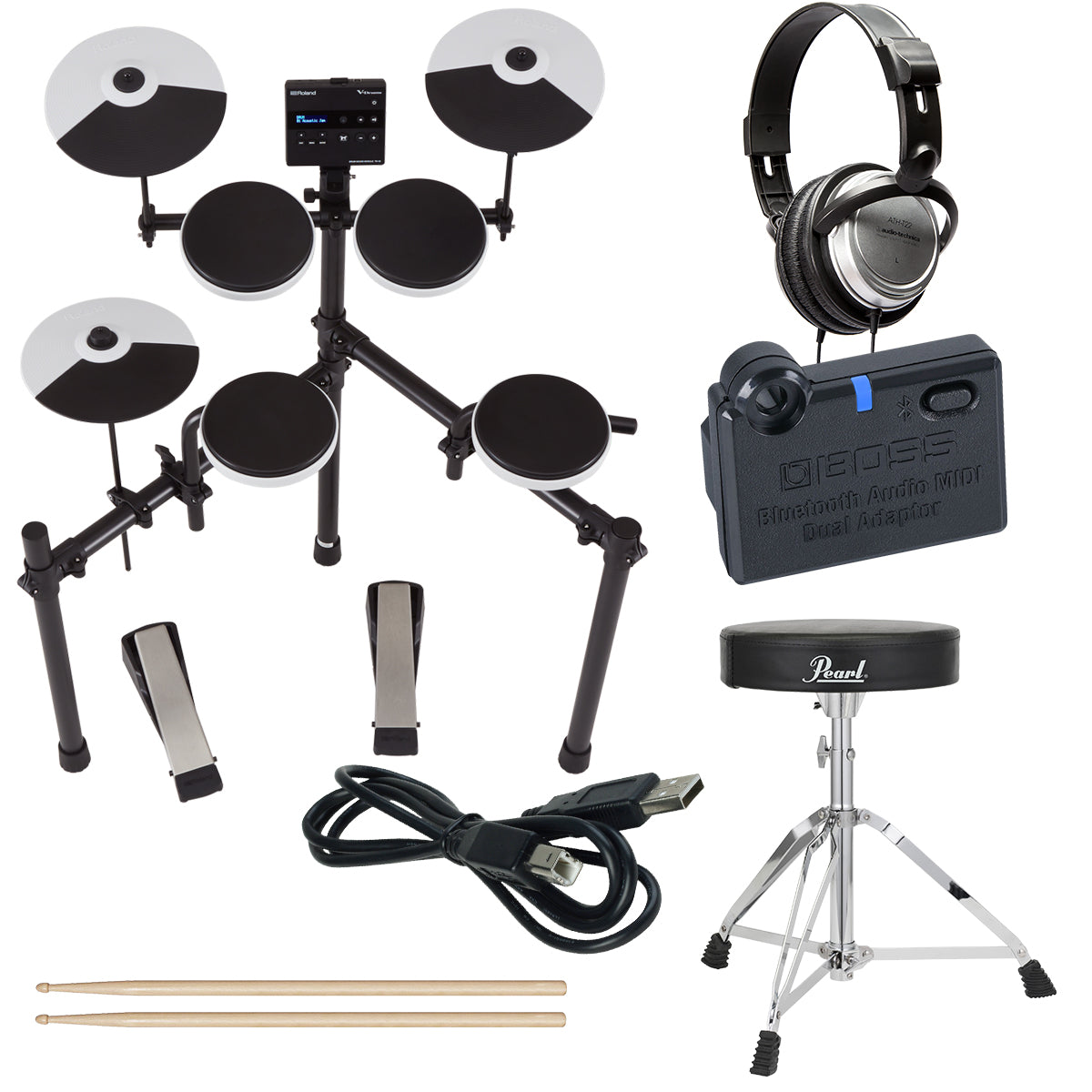Collage of everything included with the Roland TD-02K V-Drums Electronic Drum Set BLUETOOTH BUNDLE