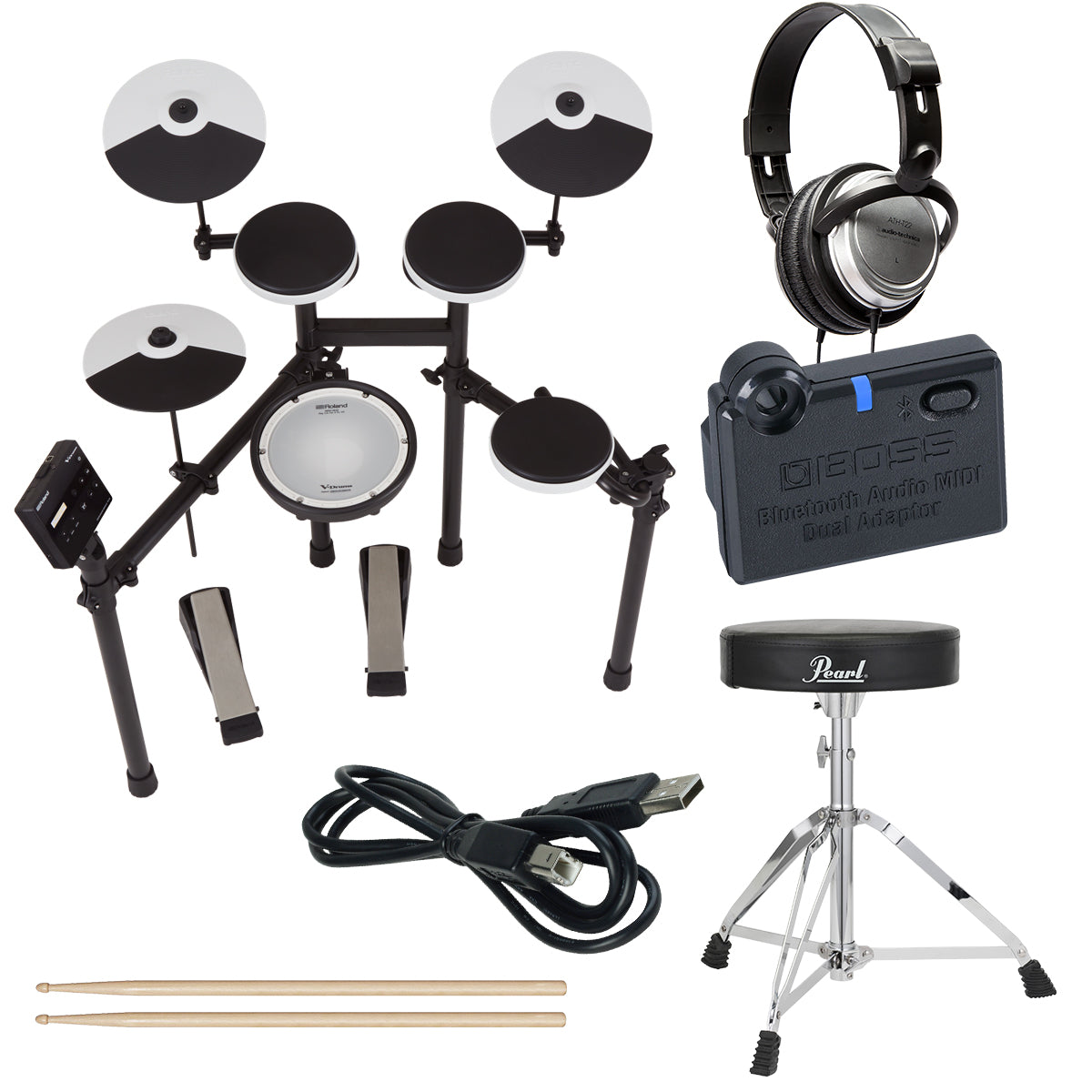 Collage of everything included with the Roland TD-02KV V-Drums Electronic Drum Set BLUETOOTH BUNDLE