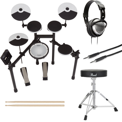 Collage of everything included with the Roland TD-02KV V-Drums Electronic Drum Set DRUM ESSENTIALS BUNDLE