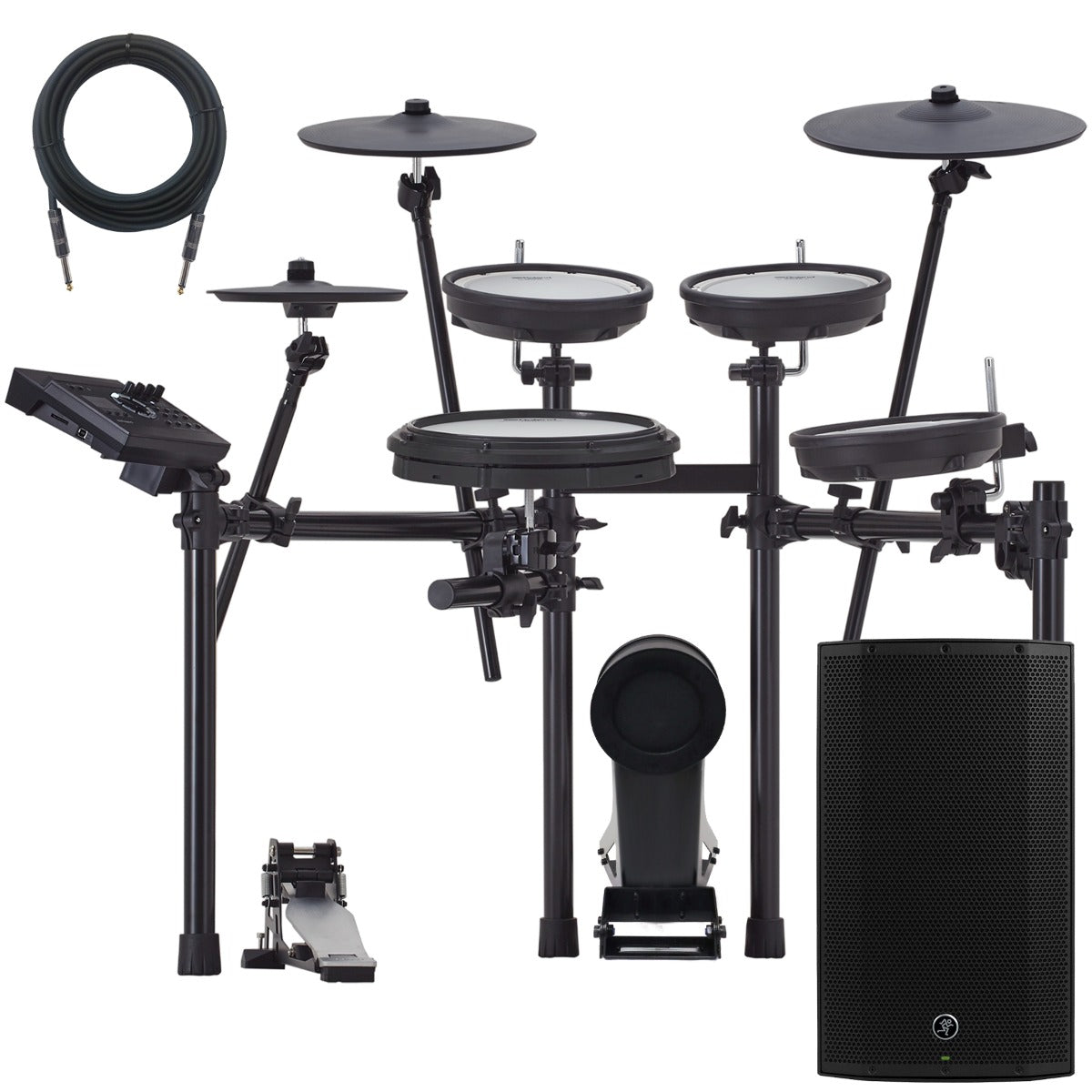 Collage of the components in the Roland TD-17KV2 V-Drums Electronic Drum Set MONITOR KIT bundle
