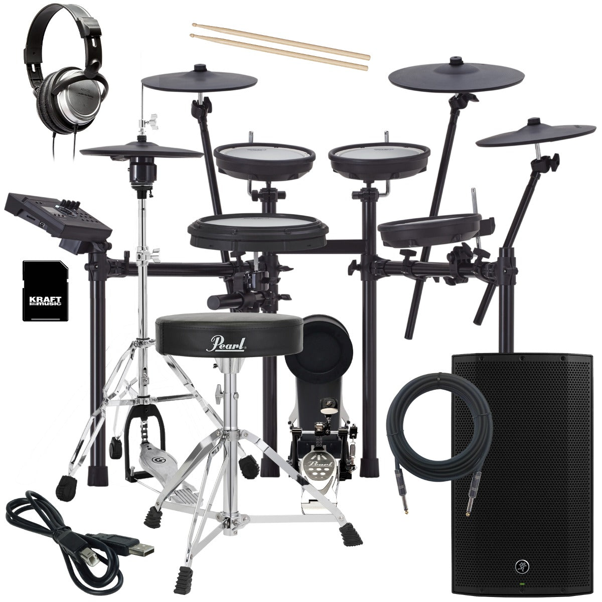 Collage of the components in the Roland TD-17KVX2 V-Drums Electronic Drum Set COMPLETE DRUM BUNDLE