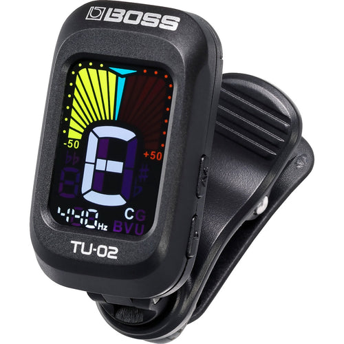 3/4 view of Boss TU-02 Clip-On Chromatic Tuner for Guitar, Bass, Ukulele and More showing top, right side and front