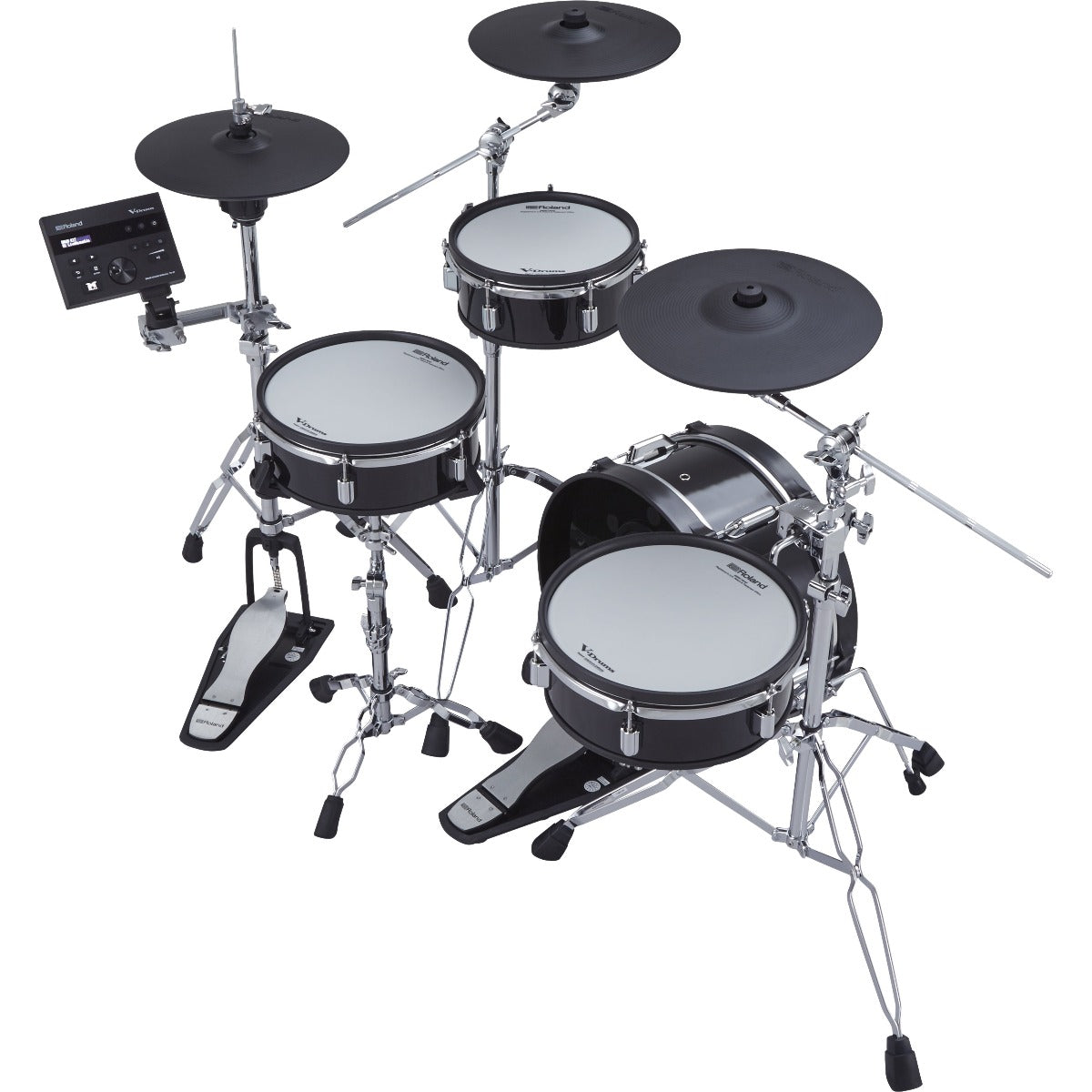 3/4 view of Roland VAD103 V-Drums Acoustic Design 4pc Kit showing top, back and left side