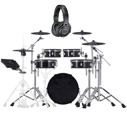 Collage of the Roland VAD307 V-Drums Acoustic Design 5pc Kit BONUS PAK showing included components