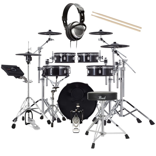 Collage of the Roland VAD307 V-Drums Acoustic Design 5pc Kit DRUM ESSENTIALS BUNDLE showing included components