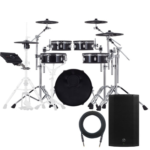 Collage of the Roland VAD307 V-Drums Acoustic Design 5pc Kit MONITOR KIT showing included components