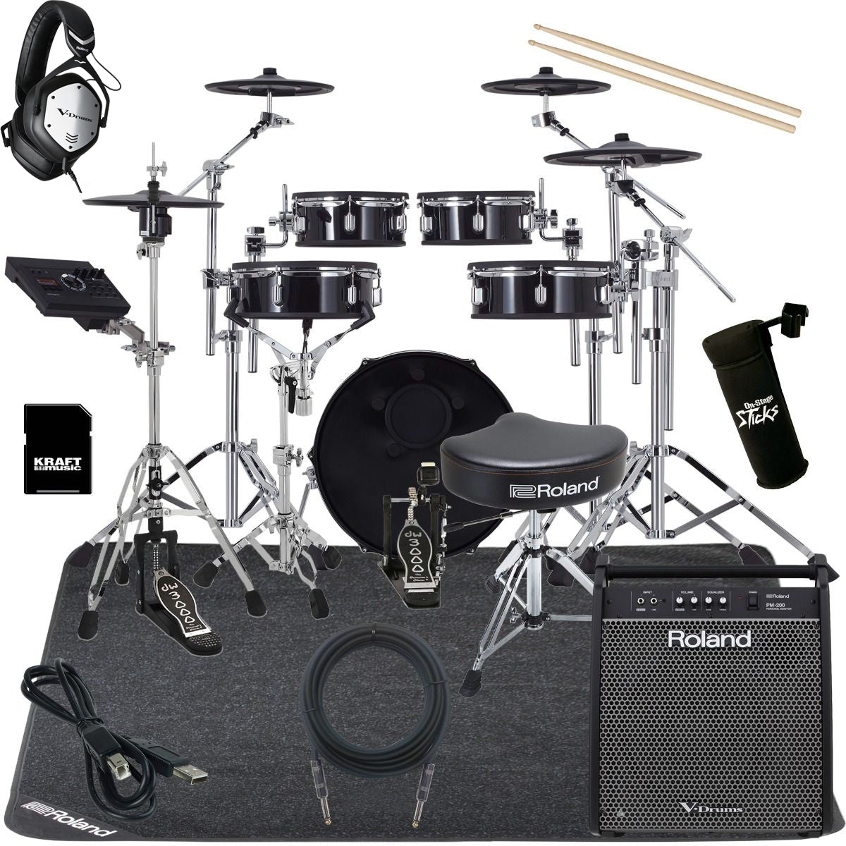 Collage of the Roland VAD307 V-Drums Acoustic Design 5pc Kit ULTIMATE DRUM BUNDLE showing included components