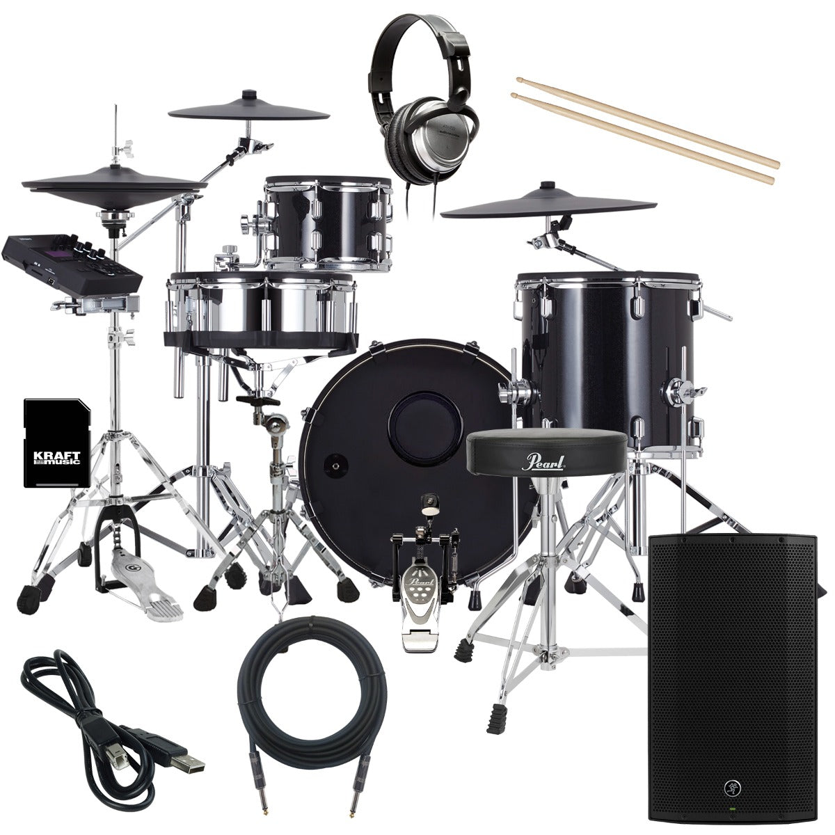 Collage of the Roland VAD504 V-Drums Acoustic Design 4pc Kit COMPLETE DRUM BUNDLE showing included components