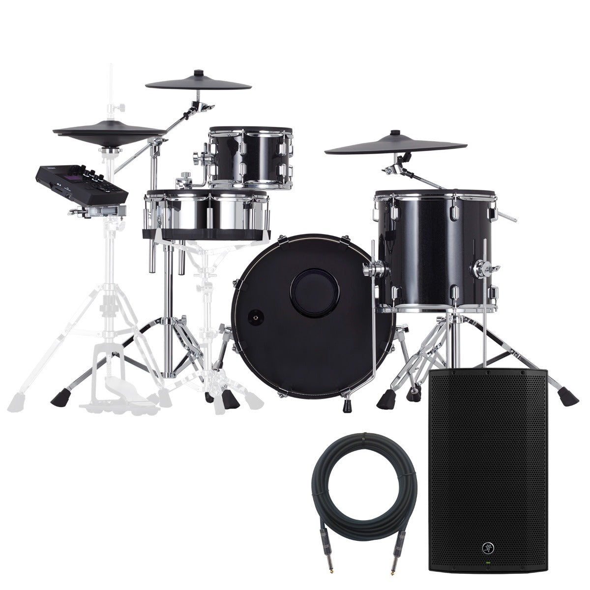 Collage of the Roland VAD504 V-Drums Acoustic Design 4pc Kit MONITOR KIT showing included components
