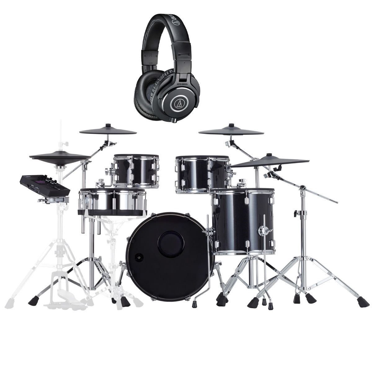Collage of the Roland VAD507 V-Drums Acoustic Design 5pc Kit BONUS PAK showing included components
