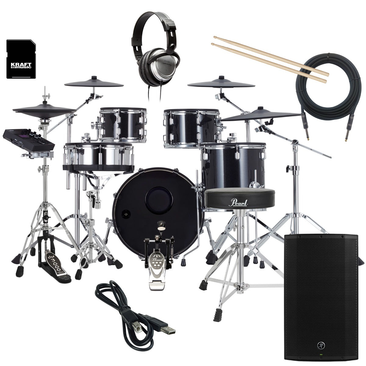 Collage of the Roland VAD507 V-Drums Acoustic Design 5pc Kit COMPLETE DRUM BUNDLE showing included components