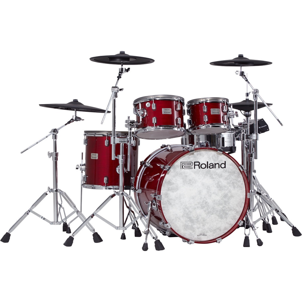 Perspective view of Roland VAD706 V-Drums Acoustic Design 5pc Electronic Drum Set - Gloss Cherry showing front and left side