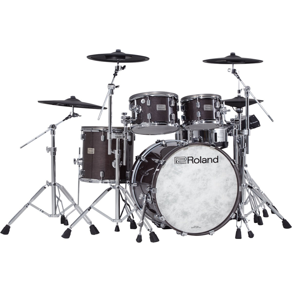 Perspective view of Roland VAD706 V-Drums Acoustic Design 5pc Electronic Drum Set - Gloss Ebony showing front and left side