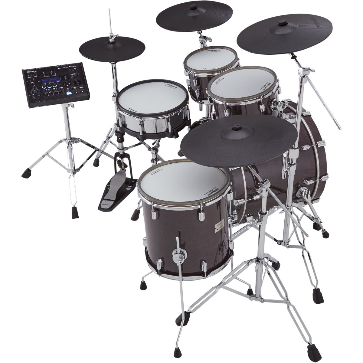 3/4 view of Roland VAD706 V-Drums Acoustic Design 5pc Electronic Drum Set - Gloss Ebony showing top, left side and back