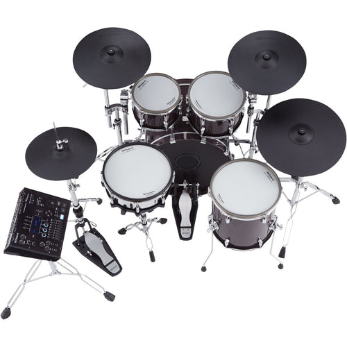 Perspective view of Roland VAD706 V-Drums Acoustic Design 5pc Electronic Drum Set - Gloss Ebony showing top and back