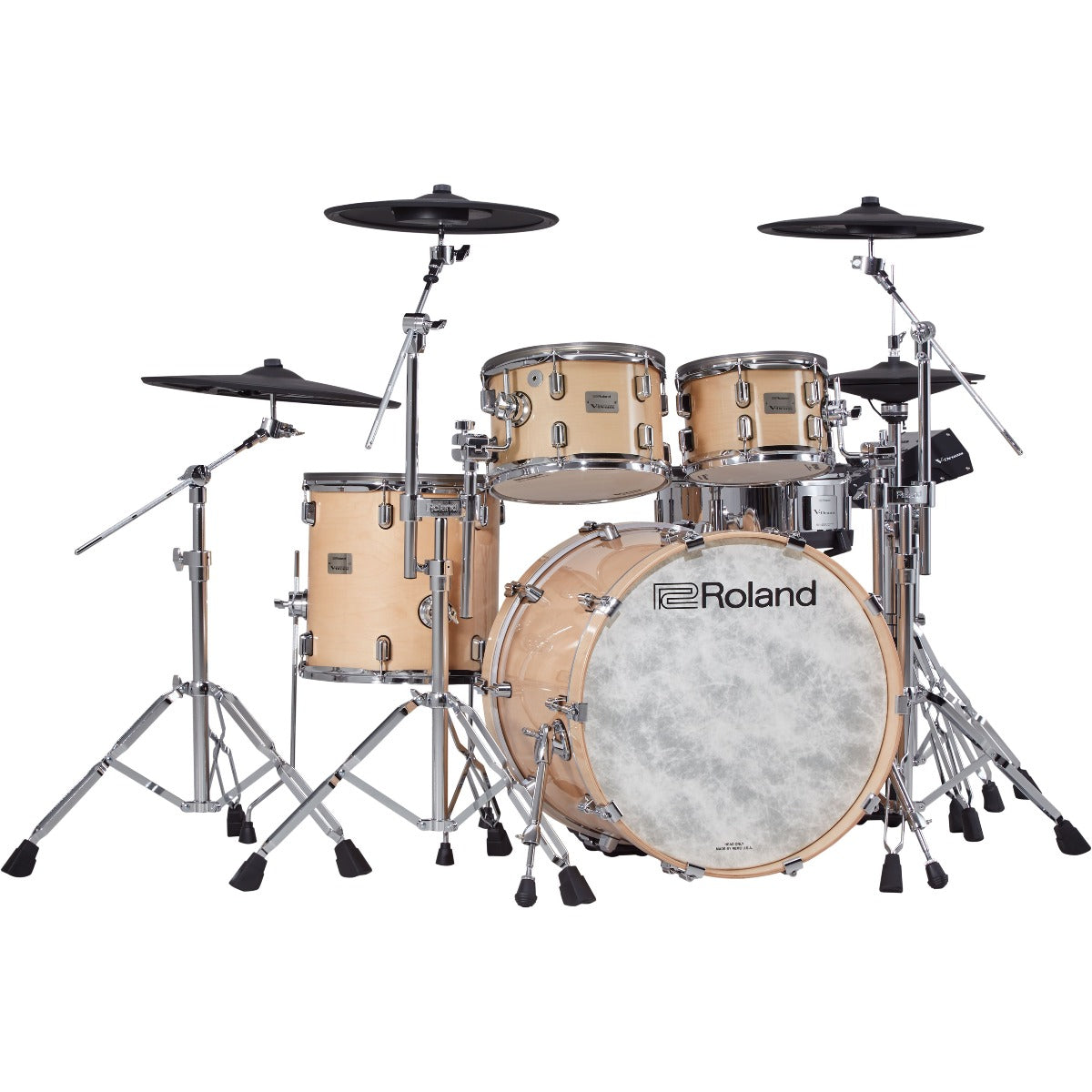 Perspective view of Roland VAD706 V-Drums Acoustic Design 5pc Electronic Drum Set - Gloss Natural showing front and left side